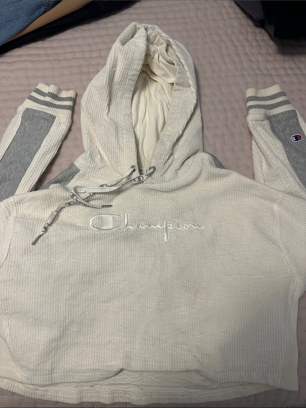 Champion Cream Cropped Hoodie with Gray Sleeve Panels